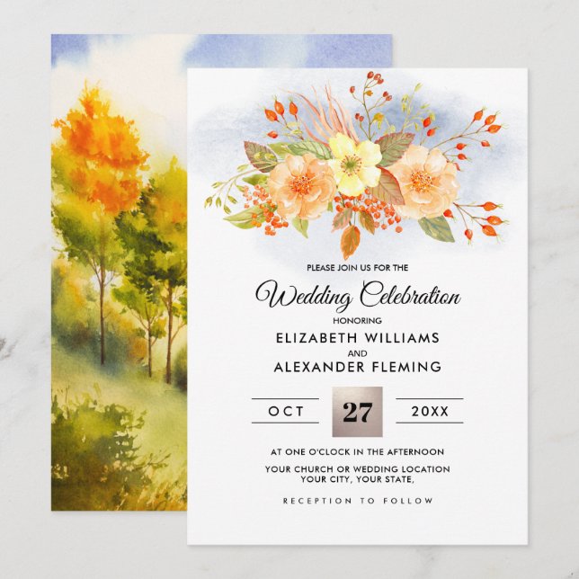 Invitation Forêt d'automne | Bouquet d'automne Mariage d'aqua (Devant / Derrière)
