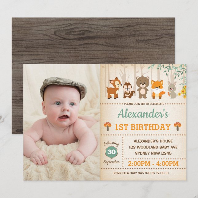 Invitation Forêt de bois 1er anniversaire Bébé Animaux Fête (Devant / Derrière)