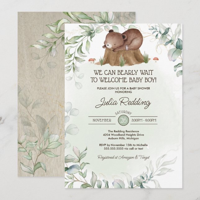 Invitation Forêt de bois animal ours rustique Baby shower gar (Devant / Derrière)