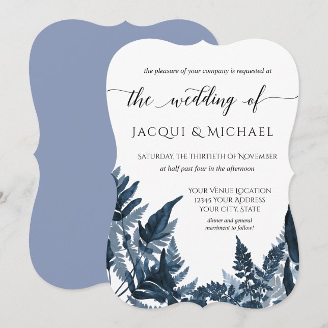 Invitation Forêt de Bois Feuillage Bleu Aquarelle Mariage (Devant / Derrière)