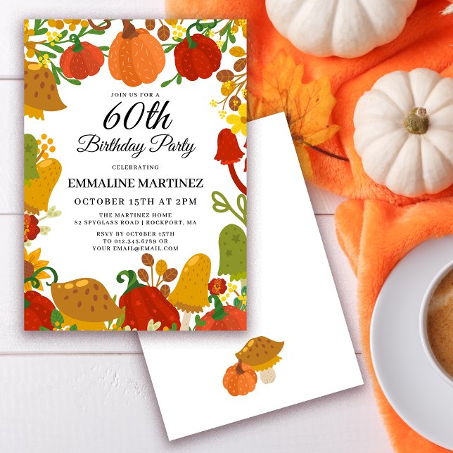 Invitation Forêt de champignons citrouilles automne 60e anniv (Need matching pumpkin and mushroom fall party supplies? Message me!)
