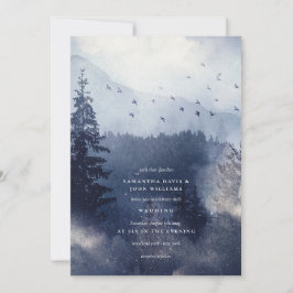 Invitation Forêt de neige bleue moderne avec Mariage d'oiseau
