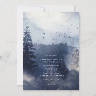 Invitation Forêt de neige bleue moderne avec Mariage d'oiseau