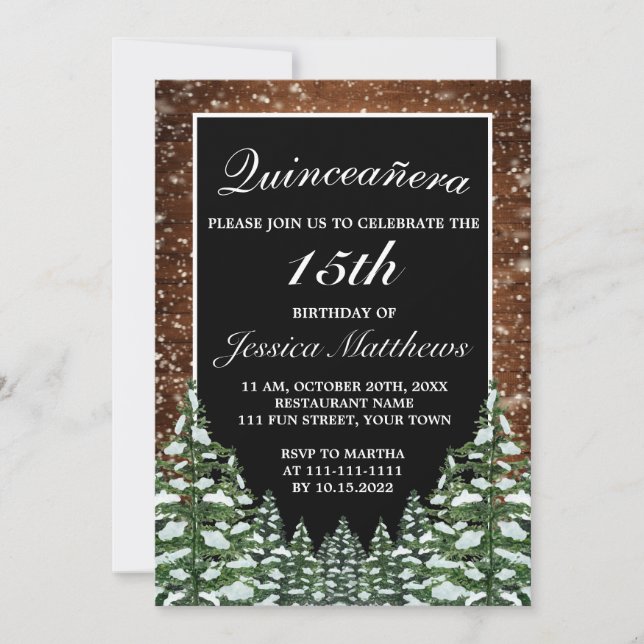 Invitation Forêt de neige noire et pin de bois Tiara Quinceañ (Devant)