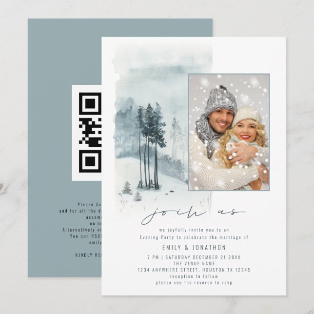 Invitation Forêt de neige Photo Rejoignez-nous QR Soirée Mari (Devant / Derrière)