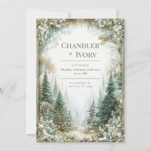 Invitation Forêt de pins brumeuse Or Fleurs de mariage