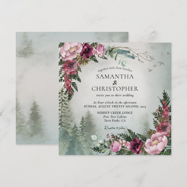 Invitation Forêt de pins Rose poussiéreuse Aquarelle Mariage (Devant / Derrière)