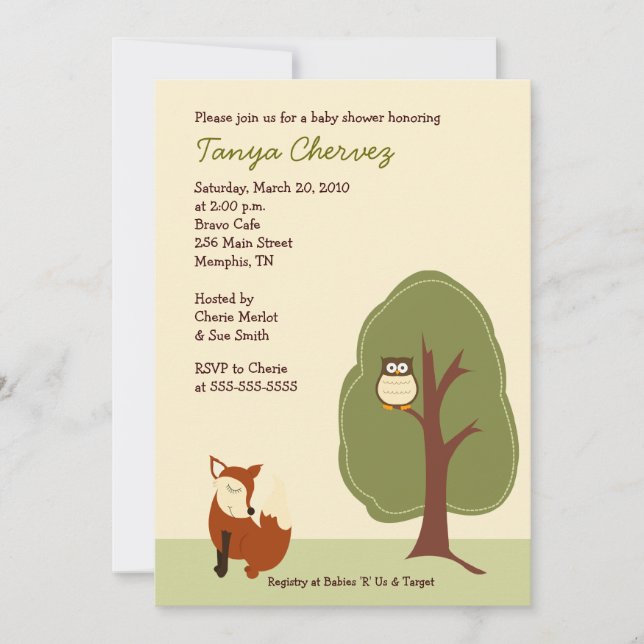 Invitation Forêt de renard et d'hibou Baby shower 5x7 (Devant)