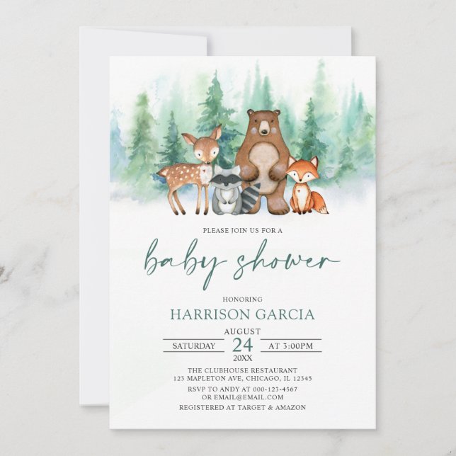 Invitation Forêt d'hiver Baby shower des animaux de bois (Devant)
