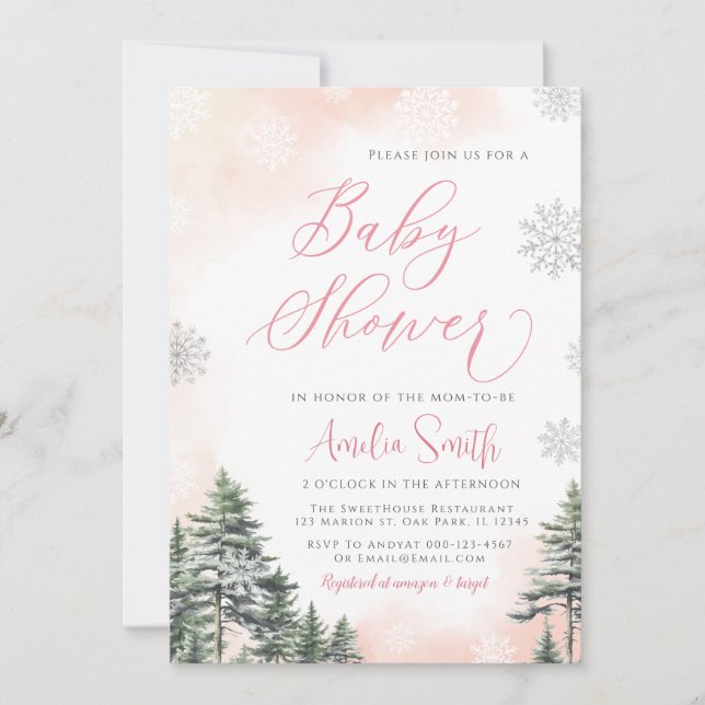 Invitation Forêt d'hiver Baby shower fille rose (Devant)
