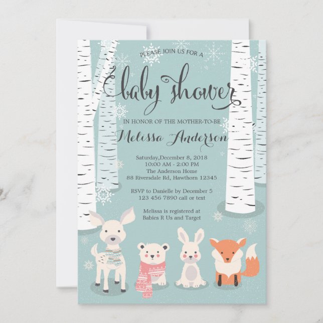 Invitation forêt d'hiver baby shower invitation, animaux (Devant)