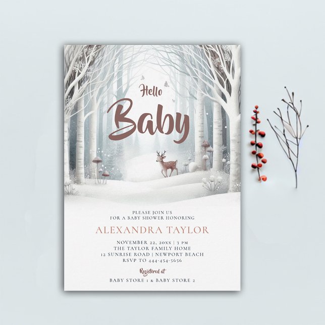 Invitation Forêt d'hiver Baby shower neutre de cerfs de bois (winter baby shower invitation neutral white wonderland enchanted forest woodland deer cute)