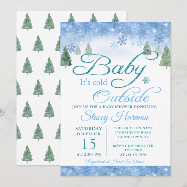 Invitation Forêt d'hiver Bébé son froid à l'extérieur Baby sh (Devant / Derrière)