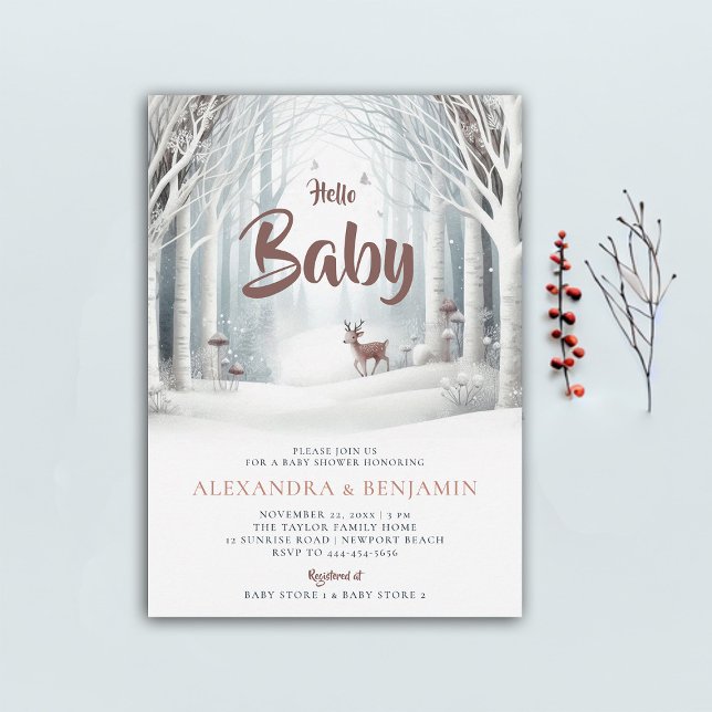 Invitation Forêt d'hiver Deer Coed Baby shower neutre selon l (winter baby shower invitation neutral white wonderland enchanted forest woodland deer cute coed chic)