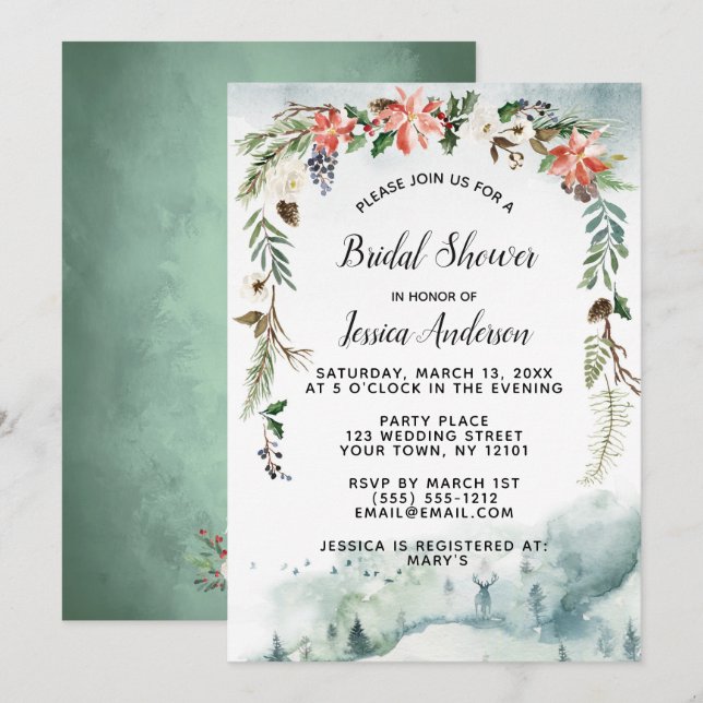 Invitation Forêt d'hiver rustique Fête des mariées florale (Devant / Derrière)