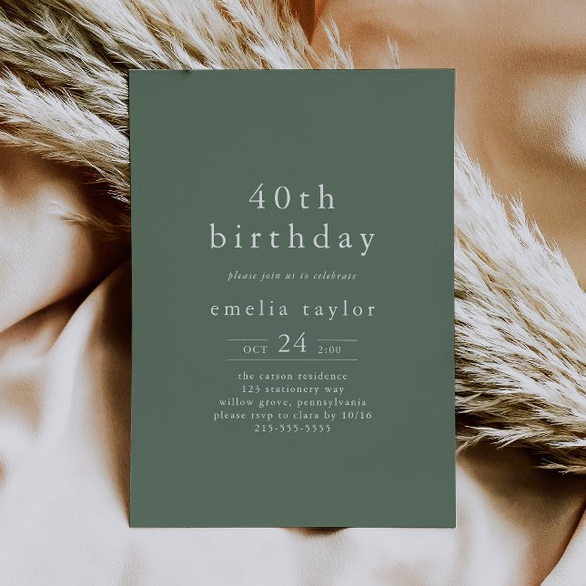 Invitation Forêt EMELIA Sage Green 40e anniversaire (EMELIA Forest Woodland Sage Green 40th Birthday Invitation)
