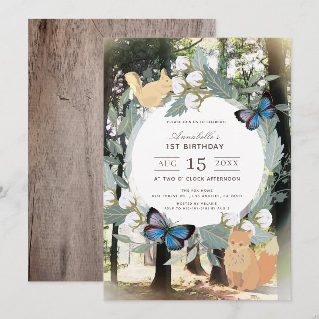 Invitation Forêt enchantée Animaux de forêt 1er anniversaire (Devant / Derrière)