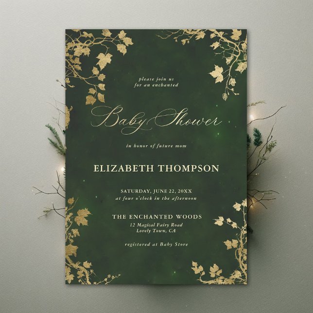 Invitation Forêt enchantée Baby shower de cadre de feuillage  (Enchanted Forest Hunter Green Minimal Greenery Modern Calligraphy Neutral Baby Shower Invitation)