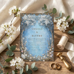 Invitation Forêt Enchantée Bleu Brumeux Cadre Doré Mariage