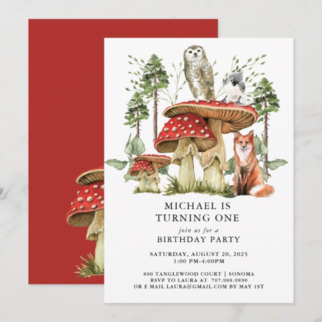 Invitation Forêt enchantée Bois Bois premier anniversaire (Devant / Derrière)