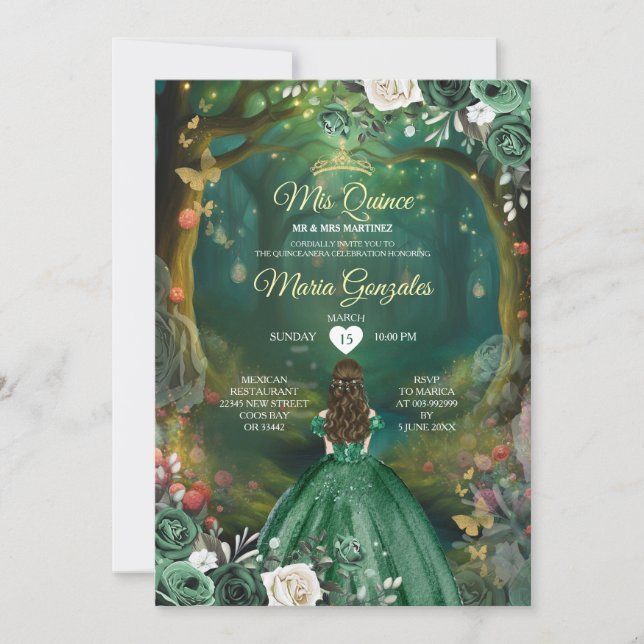 Invitation Forêt enchantée Emerald Quinceañera (Devant)