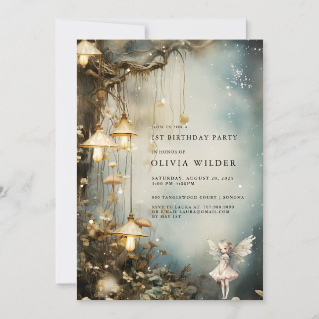 Invitation Forêt Enchantée fille 1er Anniversaire Champignons (Devant)