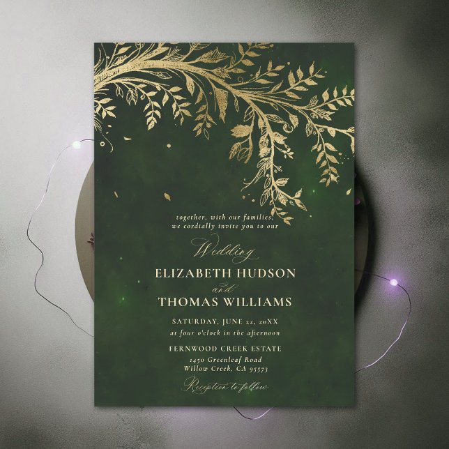Invitation Forêt Enchantée Or Chasseur Branche Vert Mariage (Enchanted Forest Hunter Green Draped Greenery Gold Branch Modern Calligraphy Wedding Invitation)