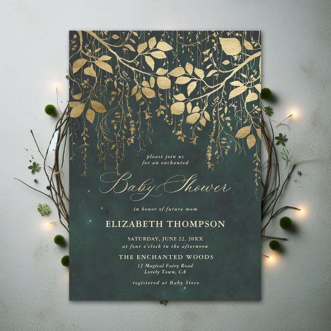 Invitation Forêt enchantée Verdure or Baby shower magique (Enchanted Forest Emerald Green Draped Greenery Modern Calligraphy Neutral Baby Shower Invitation)