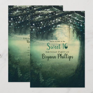 Invitation Forêt Enchantée Vert Bleu Lumières Douce Fête 16
