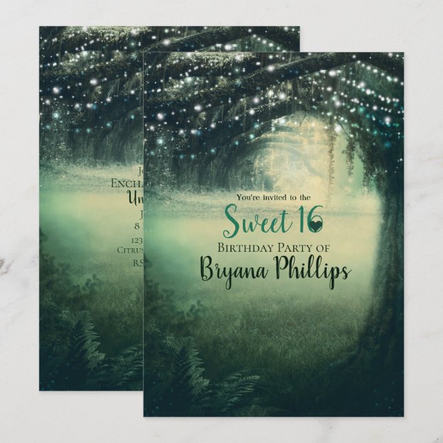 Invitation Forêt enchantée Vert Bleu Lumières Sweet 16 Party (Devant / Derrière)