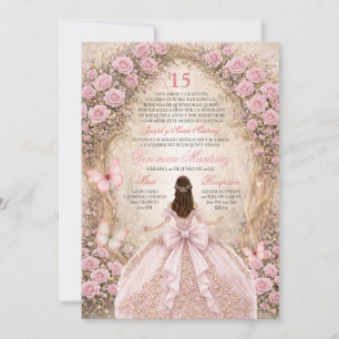 Invitation Forêt espagnole Papillon Rose & Or Douce 15 Ans