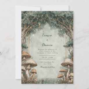 Invitation Forêt Fantaisiste Champignon Arche Dorée Mariage