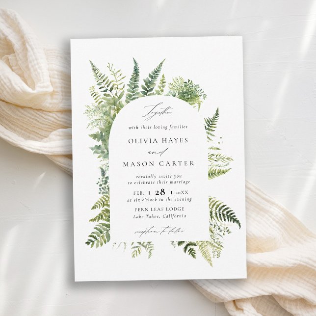 Invitation Forêt Fern Mountain Arche Woodland Mariage élégant (forest wedding invitation woodland fern botanical boho arch elegant rustic mountains outdoors nature)