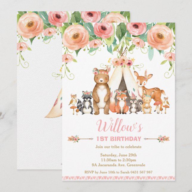 Invitation Forêt Florale d'animaux de bois 1er anniversaire f (Devant / Derrière)