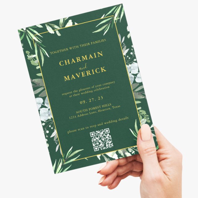 Invitation Forêt foncée Vert Minime Bordure Texte Or Mariage (Créateur téléchargé)