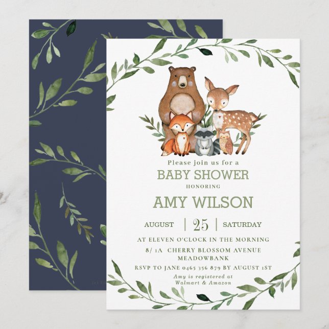 Invitation Forêt forestière Animaux Baby shower Végétation (Devant / Derrière)