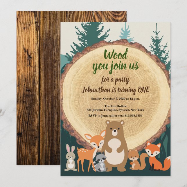 Invitation Forêt forestière Animaux coupés bois 1er anniversa (Devant / Derrière)