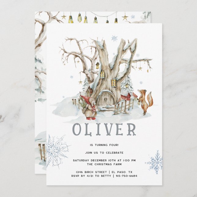 Invitation Forêt forestière hiver | Noël fête d'anniversaire (Devant / Derrière)