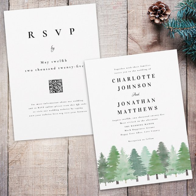 Invitation Forêt forestière moderne Code QR Mariage hivernal (Modern watercolor Woodland pine forest qr code wedding invitation)