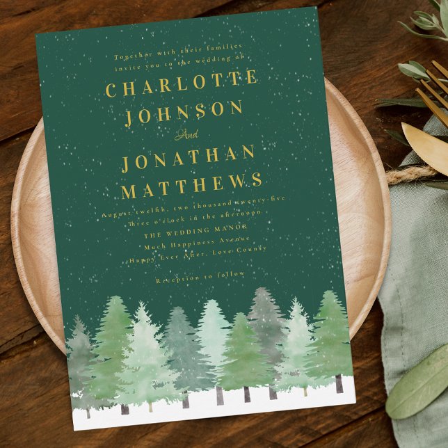Invitation Forêt forestière moderne Green Gold Mariage d'hive (Modern elegant watercolor Woodland forest green winter wedding invitation)