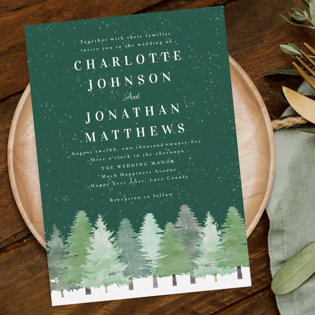 Invitation Forêt forestière moderne Green Mariage d'hiver (Watercolor forest snowy Woodland green winter wedding invitation)