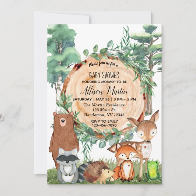 Invitation Forêt forestière Végétation Baby shower Animaux sa (Devant)