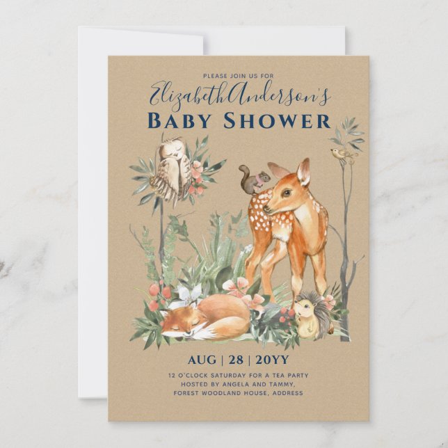 Invitation Forêt forestière Végétation Baby shower Animaux sa (Devant)