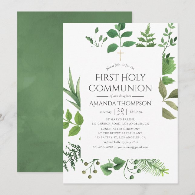 Invitation Forêt forestière Végétation Première communion sai (Devant / Derrière)