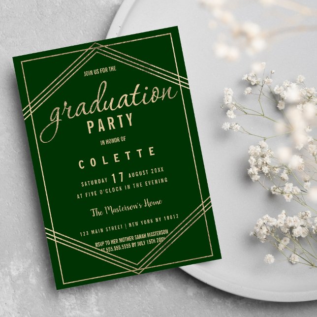Invitation Forêt géométrique moderne vert or Graduation (Modern geometric forest green gold Graduation)