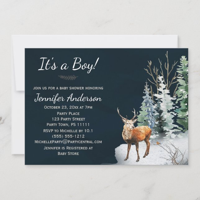 Invitation Forêt Hiver Bois Baby shower des cerfs (Devant)