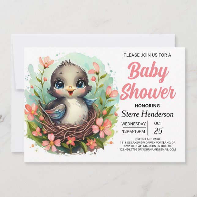 Invitation Forêt lunaire Baby shower d'oiseaux moderne (Devant)
