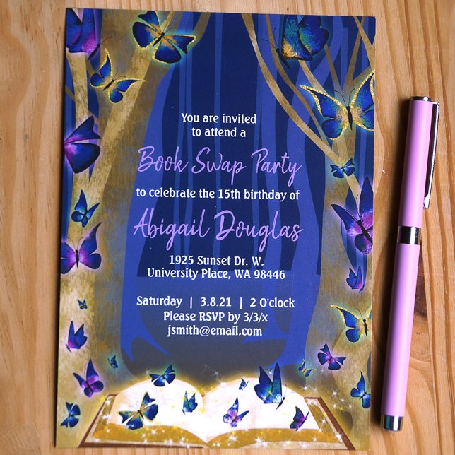 Invitation Forêt Magique aux Paillettes Violettes, Bleues et  (Blue and purple enchanted forest book swap birthday party, magical book and butterflies)