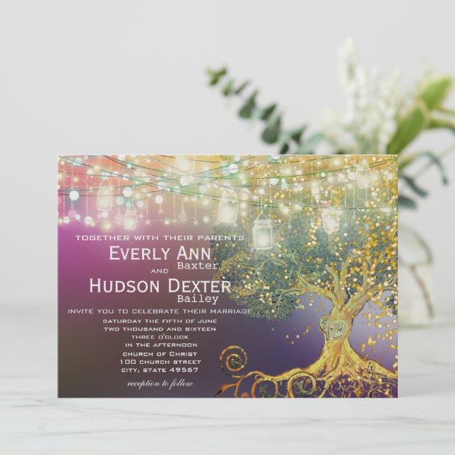 Invitation Forêt Mason Jar Fairytale Violet et Mariage d'or (Debout devant)