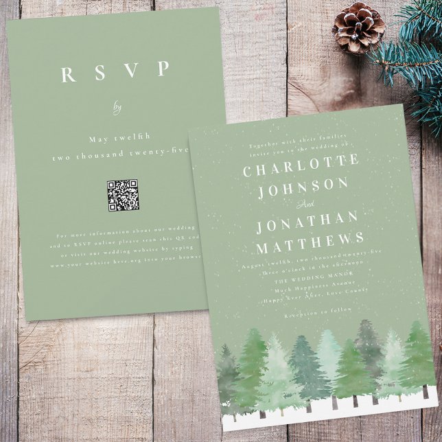 Invitation Forêt moderne QR Code Sage Vert Mariage d'hiver (Modern snowy woodland winter forest sage green wedding qr code invitation Watercolor evergreen trees)